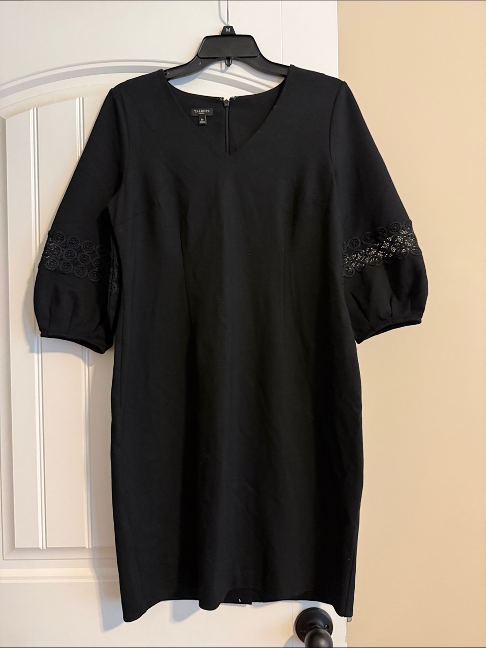 Talbots Black Midi Dress with Lace-Trim Puff Sleeves 8P